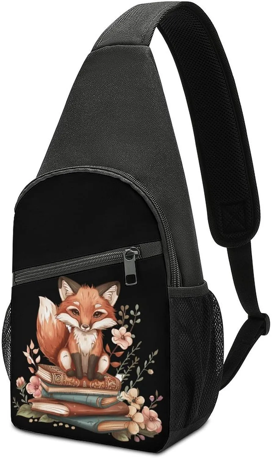 Fox with Books Floral Crossbody Bags for Women Men Sling Bag Bakpack Shoulder Bag Travel Hiking Daypack