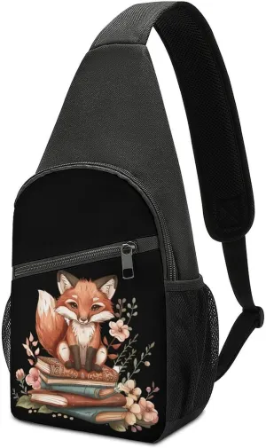 Fox with Books Floral Crossbody Bags for Women Men Sling Bag Bakpack Shoulder Bag Travel Hiking Daypack