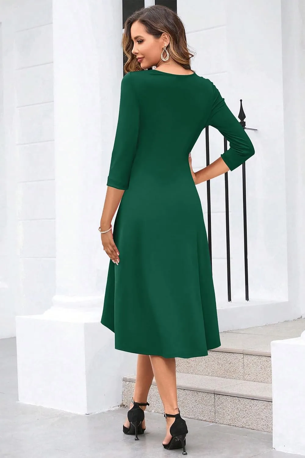 Nmoder Midi Dresses for Women 3/4 Sleeve Ruched Waist A Line Semi Formal Dress Elegant Church Cocktail Party Dress