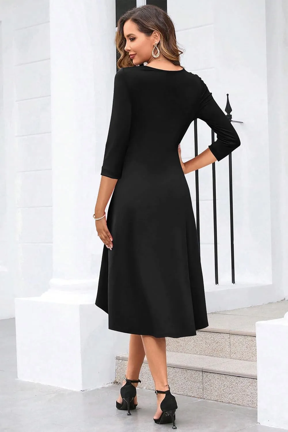 Nmoder Midi Dresses for Women 3/4 Sleeve Ruched Waist A Line Semi Formal Dress Elegant Church Cocktail Party Dress